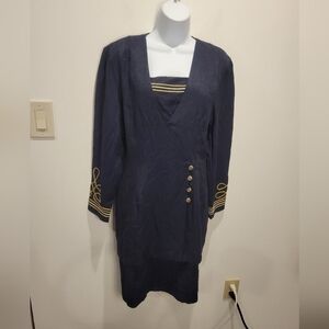 Vintage 80's nautical size 10 navy dress with gold accents, flaw